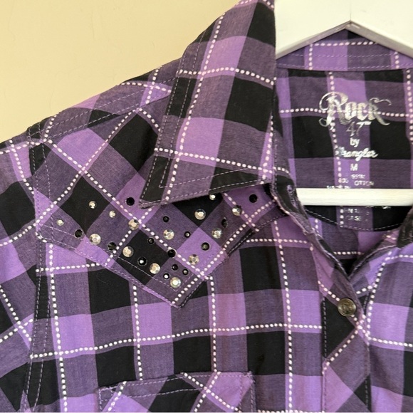Rock 47 by Wrangler Western Plaid Snap Button Rhinestone Embroidered Wings Shirt - Picture 5 of 6